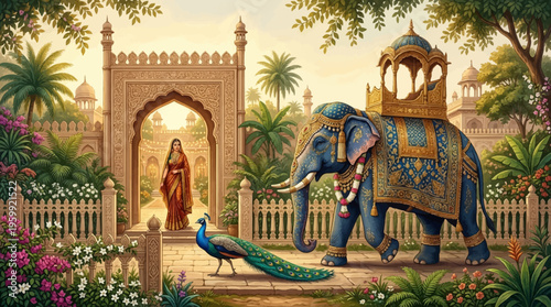 Indian palace, elephant, peacock, and garden, colorful, vibrant, exotic, royal