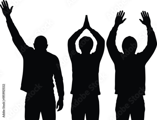 Silhouette of people with raised hands prayer gesture and palms up for worship spiritual community peaceful protest and togetherness concept.