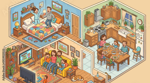 Isometric home interior, family living spaces, bedroom, kitchen, vector illustration
