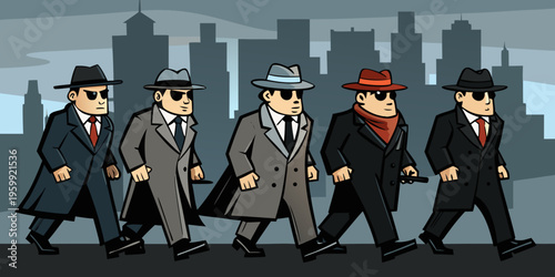 Mafia Hitman Group Men in Hats and Coats Walking Away From City Silhouettes Shadow Background Illustration
