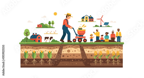 Sustainable Agriculture Ecosystem: Farmer, Crops, Livestock, Renewable Energy, and Rural Community