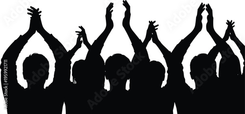  Silhouette of people crowd clapping hands at concert festival or sports event for celebration success joy and fan applause concept.