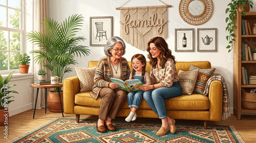 A woman and a girl sitting on a couch with an elderly lady reading a book.
