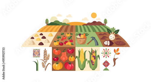 Bountiful Farm Landscape with Diverse Crops, Vegetables, Grains, and Farming Elements - Flat Vector Illustration