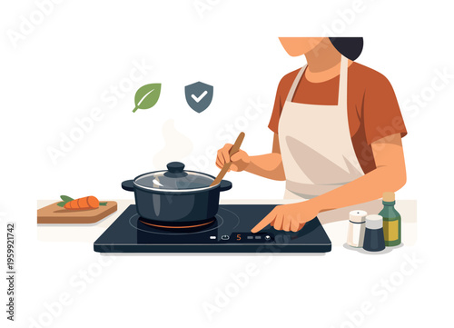 Home cooking and energy efficiency concept illustrating a user preparing a meal on an induction cooktop as part of a safe and modern kitchen routine, with a person using a minimal