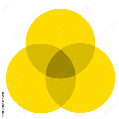 Yellow triple transparent intersection areas. Light, dark set colors, schematic representation elements, circles. Illustration vector