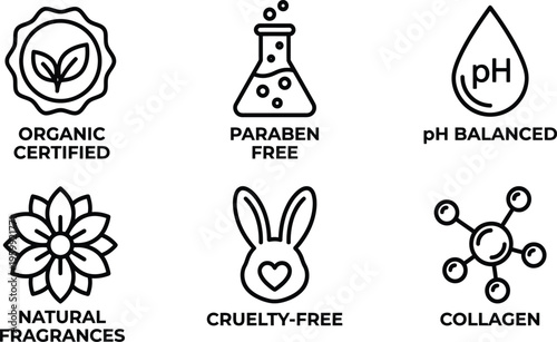 Natural organic skincare icons set for cosmetic product packaging including paraben free cruelty free and ph balanced