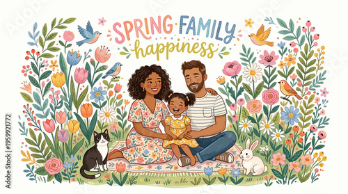Happy family enjoying springtime together outdoors.