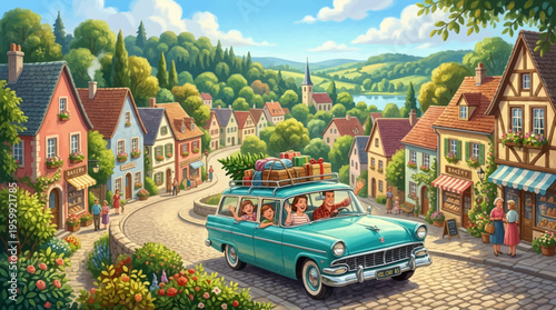 Vintage car drives through quaint European town.