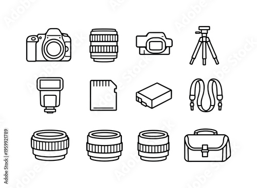 Camera set: camera body, lens, shutter button, viewfinder, tripod, flash, memory card, battery, camera strap, zoom ring, focus ring, camera bag