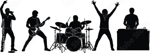 Silhouette of music band with singer guitarist drummer and DJ performing on stage for concert festival nightlife and entertainment industry.