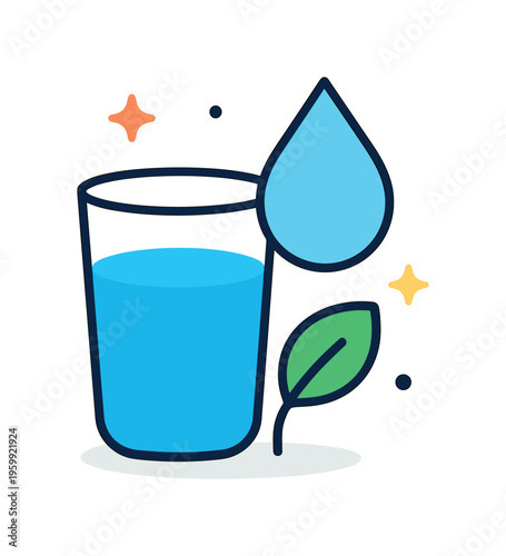 Daily hydration and healthy routine maintenance focused on supporting wellbeing and consistent self care habits, a water glass combined with a droplet and a small leaf forming a