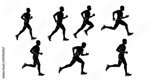 Silhouette runner sequence, male athlete running, motion study, athletic training, fitness, sports