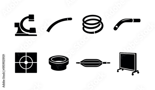 Interventional radiology procedures: fluoroscopy C-arm arc, vascular guidewire curve, embolization coil spiral, contrast catheter tip, image navigation target grid, sheath