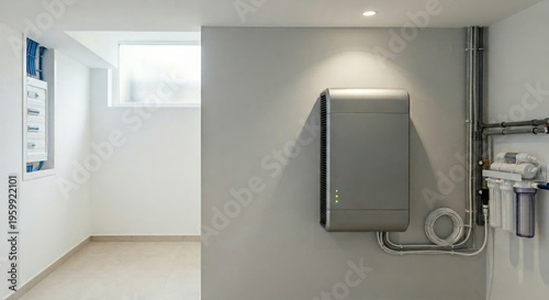 Photos Lithium battery storage system installed on gray wall with pipes and wires