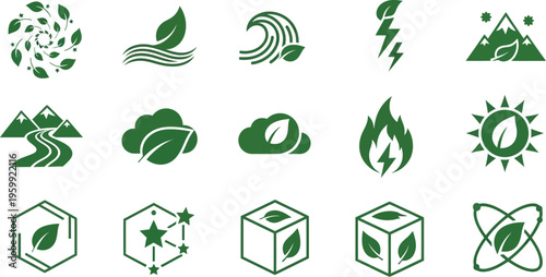 Various green environment and clean energy concept icons are displayed in a modular graphic set.