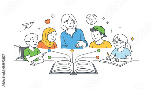 An educational environment where diverse students learn together in a supportive and accessible classroom setting, visualized through a small group of learners and a teacher