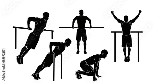 Silhouette of a man performing calisthenics exercises on parallel bars and ground
