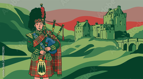 Traditional Scottish bagpiper in kilt playing bagpipes, with historic castle and bridge backdrop, symbolizing highland culture