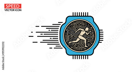 Abstract illustration of a running person inside a microchip with speed lines, symbolizing fast technology, digital performance, and rapid processing.