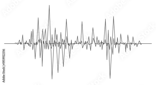A black and white representation of a complex waveform, possibly depicting sound, seismic activity, or an electrical signal, with varying amplitude over time.