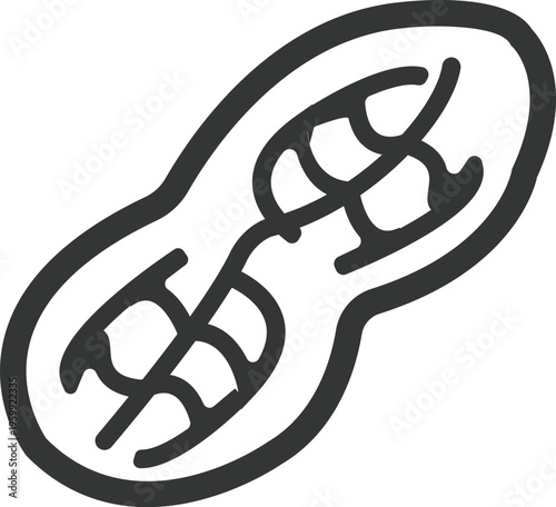 A simple black and white illustration of a peanut with a dollar sign design