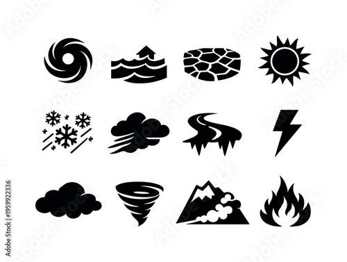 Extreme weather events: hurricane spiral, flood water waves, drought cracked ground, heatwave sun, blizzard snowstorm, sandstorm, icy road, lightning strike, dark storm cloud