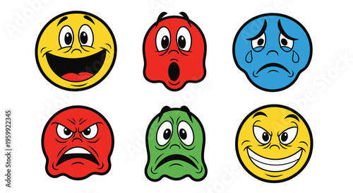 Six colorful cartoon faces expressing various human emotions like happiness, sadness, anger, surprise, and mischief.