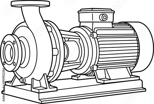 Centrifugal pump with electric motor and base outline drawing for industrial application vector illustration