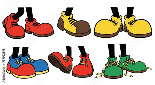 Six pairs of cartoon character feet wearing various colorful oversized shoes and boots, depicted in a playful and whimsical style.