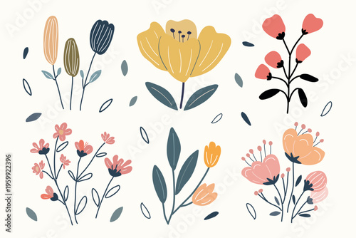 A set of stylized flowers in a minimalist style with a light background. Pastel tones of red, gray, and yellow. Simple hand-drawn shapes and textures. A modern decorative  with a Scandinavian stile