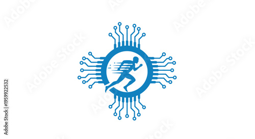 A blue logo featuring a stylized running man within a circuit board design, symbolizing speed, technology, and digital performance.