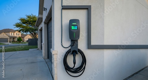 Photos Electric vehicle charger installed on residential building exterior wall with gr