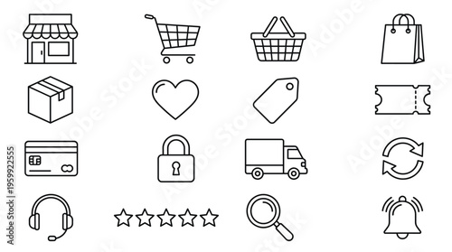 Set of 16 E-commerce Shopping Line Icons Vector