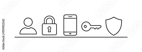 Secure login and identity verification process for protecting user accounts and ensuring safe access to digital services, user profile icon, padlock, smartphone, key, and shield