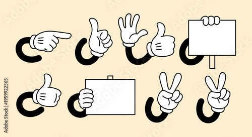 Set of retro cartoon hands in white gloves performing various gestures including pointing, thumbs up, waving, holding signs, and peace signs on a light background.