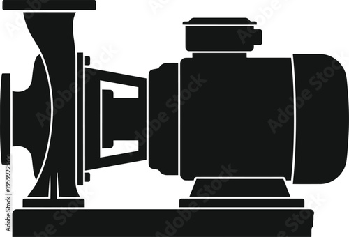 Industrial pump with electric motor and base black silhouette for fluid mechanics vector art