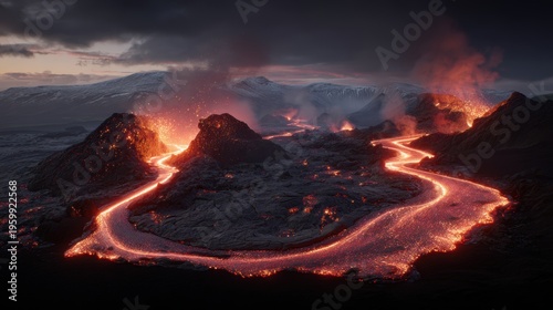 Wallpaper Mural A breathtaking volcanic landscape at twilight, with molten lava flowing into the ocean and mountains in the background. The sky is painted with a mix of dark and light hues. Torontodigital.ca