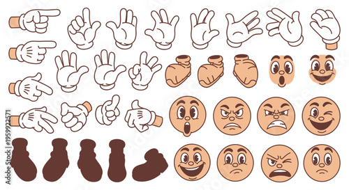 Set of vintage cartoon hands, feet, and expressive faces in classic animation style.