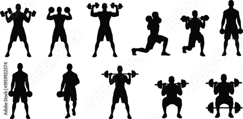 Silhouette of man bodybuilder weightlifting with dumbbells and barbells doing squats lunges and gym exercises for fitness and strength training.
