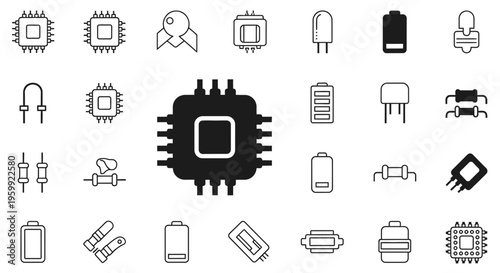 A collection of electronic components including microchips, resistors, capacitors, batteries, and LEDs in both outline and solid icon styles.