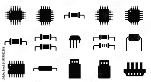 A collection of black silhouette icons representing various electronic components and microchips on a white background.