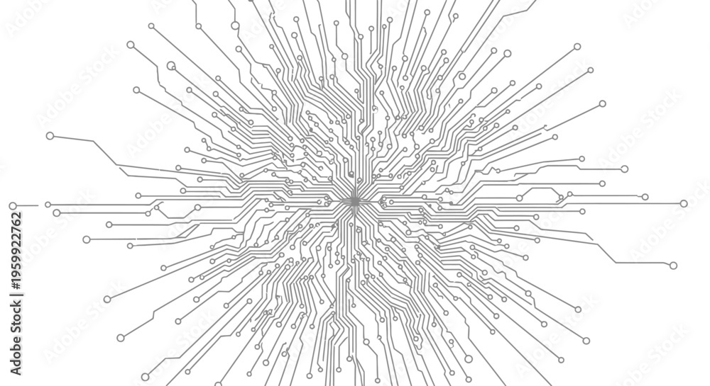 Obraz premium Abstract circuit board pattern radiating outwards, depicting a complex electronic network and digital connections on a white background.