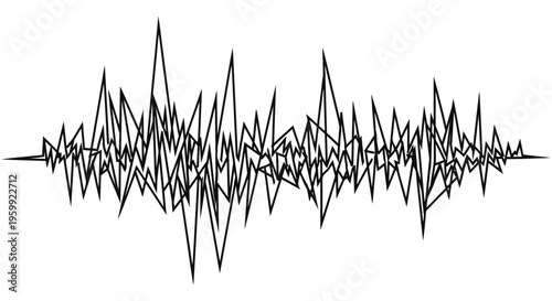 A black and white jagged waveform, depicting an abstract sound wave, seismic activity, or an electrical signal, against a clean white background.