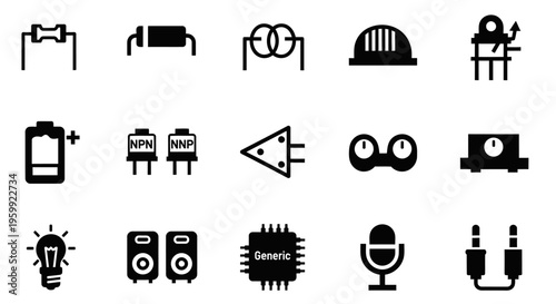 A collection of black and white icons representing various electronic components and related technology items.