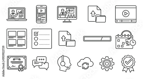 Set of 15 Online Education and Digital Content Vector Line Icons