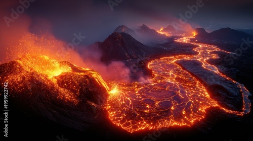 Wallpaper Mural A breathtaking volcano eruption at night, with molten lava flowing into the ocean and mountains in the background. Torontodigital.ca
