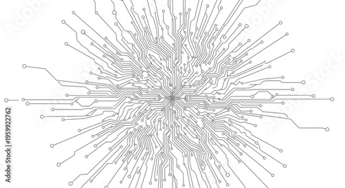 Abstract circuit board pattern radiating outwards, depicting a complex electronic network and digital connections on a white background.