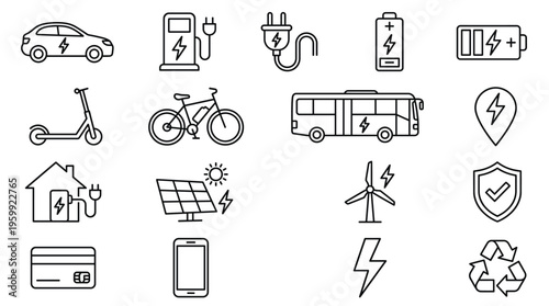 Set of 16 Electric Vehicle and Green Energy Line Icons Vector