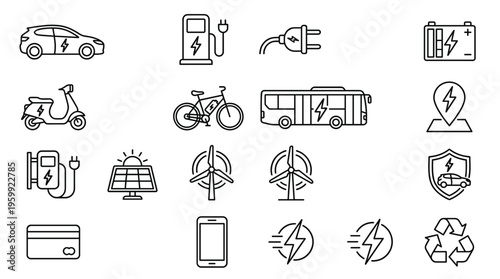 Set of 20 Electric Vehicle and Renewable Energy Line Icons Vector